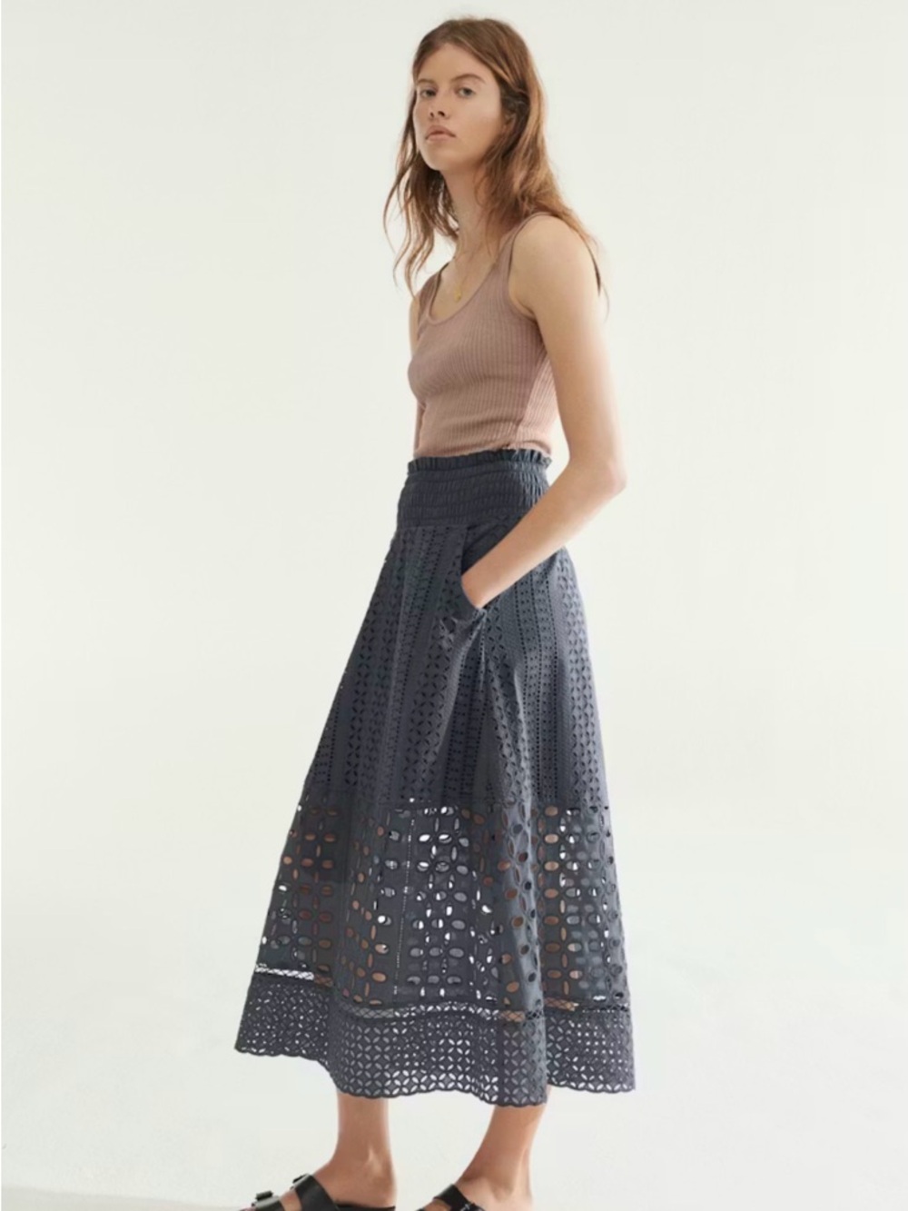 Wrap London indigo steel blue Broderie Eyelet Midi Skirt size 10. - Picture 3 of 15
